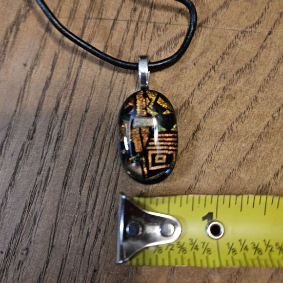 Women's Art Fused Black Glass Necklace With Gold Black String Silver Clasp Boho - Picture 7 of 10